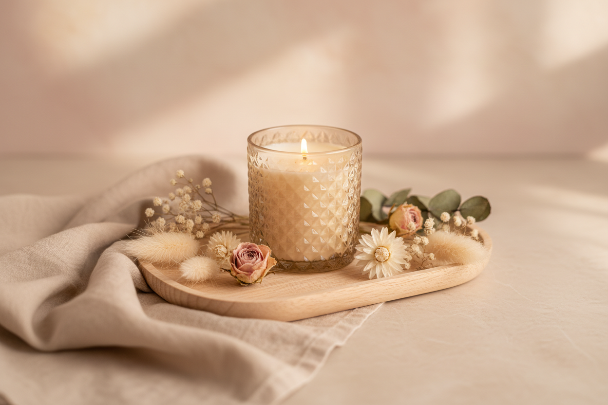 “A cozy, minimalist candle aesthetic scene with soft natural lighting. A handmade scented candle in a beige glass jar placed on a light wooden tray, surrounded by dried flowers and a soft beige fabric. Marble beige background, pastel pink tones, warm glow, shallow depth of field, premium home décor style. Soft, warm, feminine, clean, elegant composition. Perfect for website banner. High resolution.
