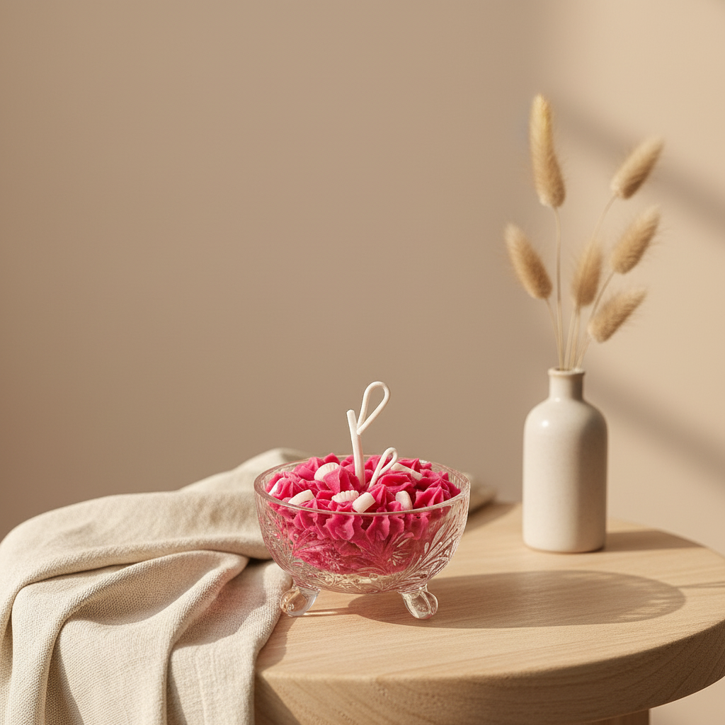 Pink Cream Candle in cozy setting